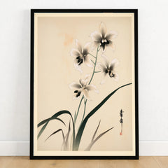 Japanese Orchid Art Print – Vintage Botanical Wall Art — art print in black frame on wooden floor
