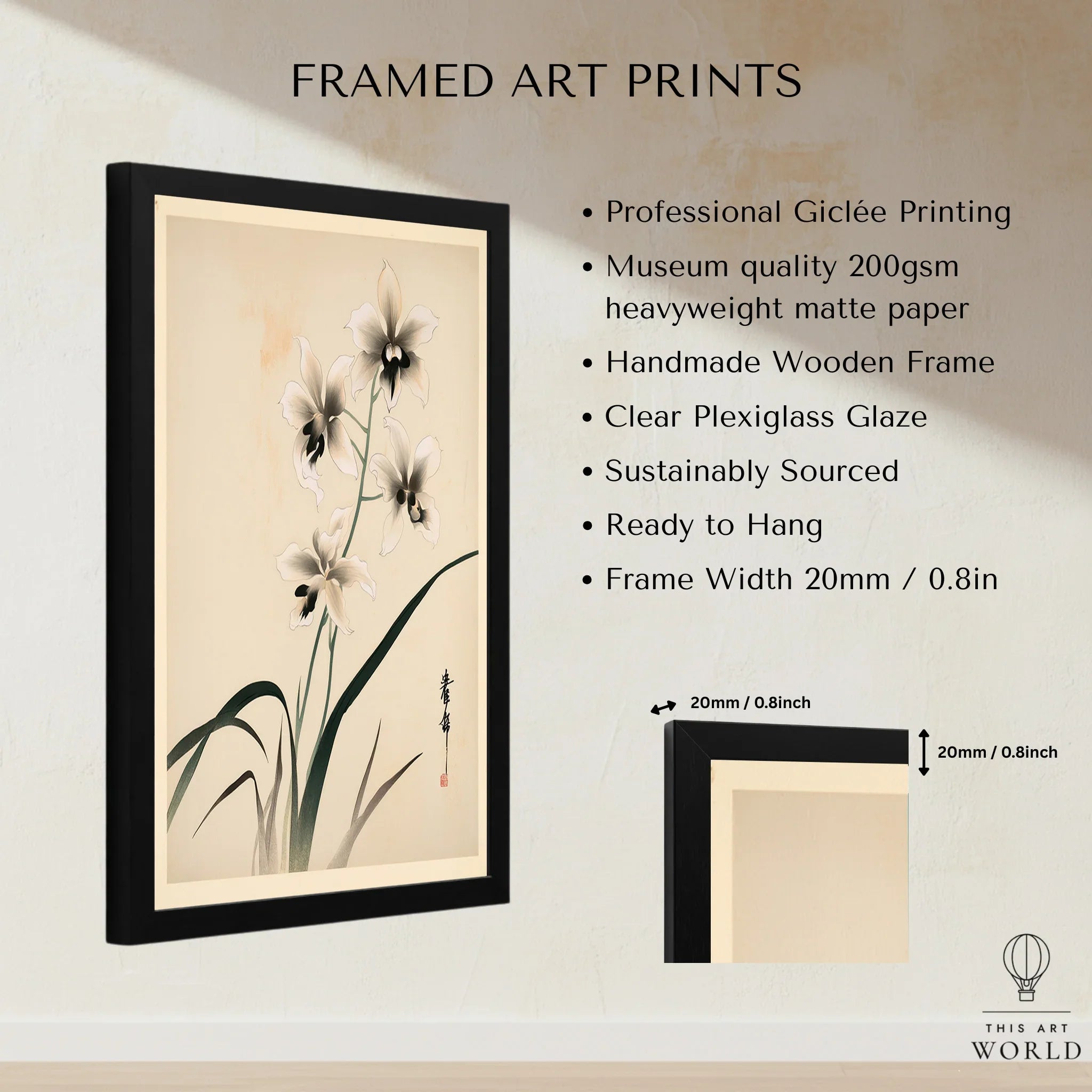 Japanese Orchid Art Print – Vintage Botanical Wall Art — framed print details measurements quality details