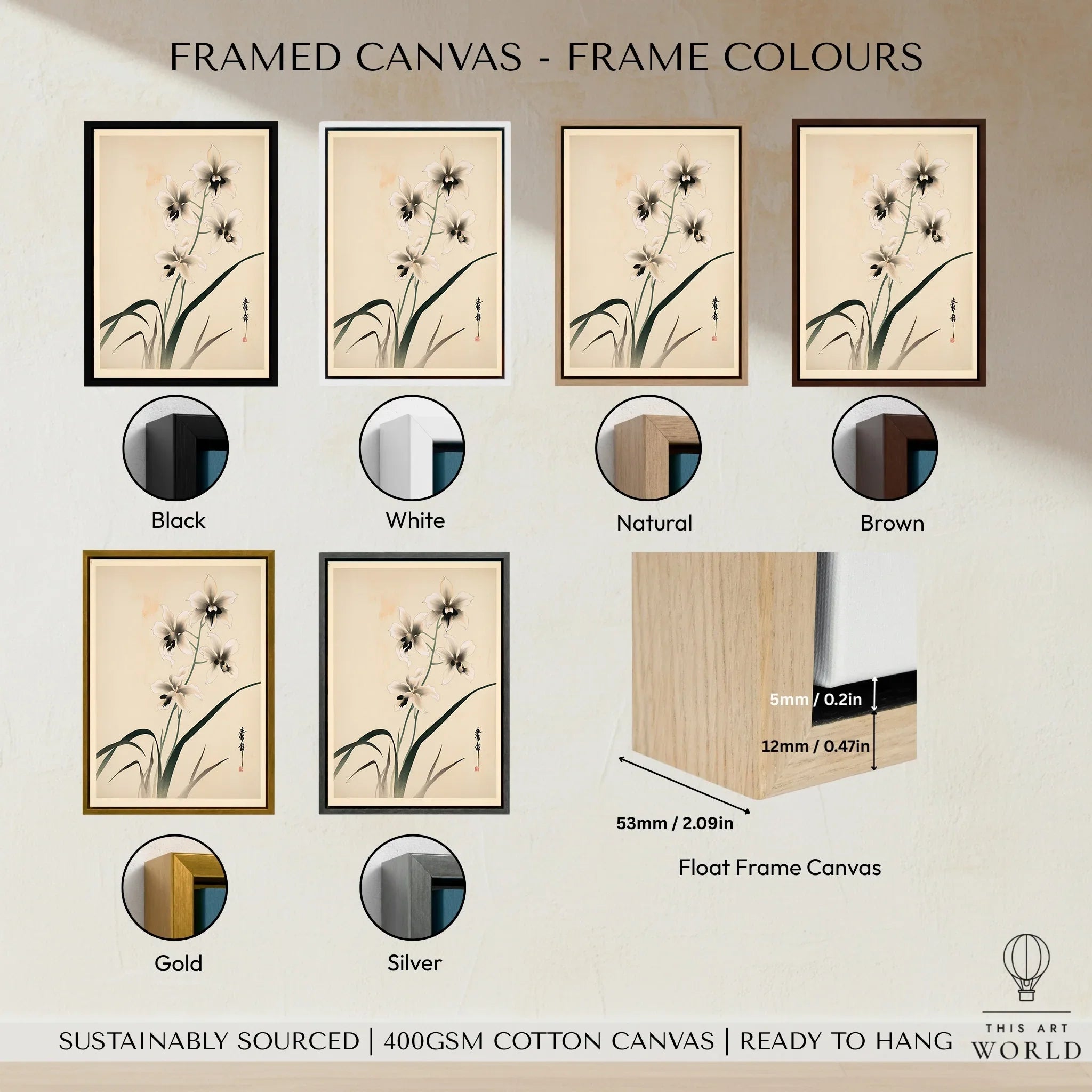Japanese Orchid Art Print – Vintage Botanical Wall Art — framed canvas float frame colour options