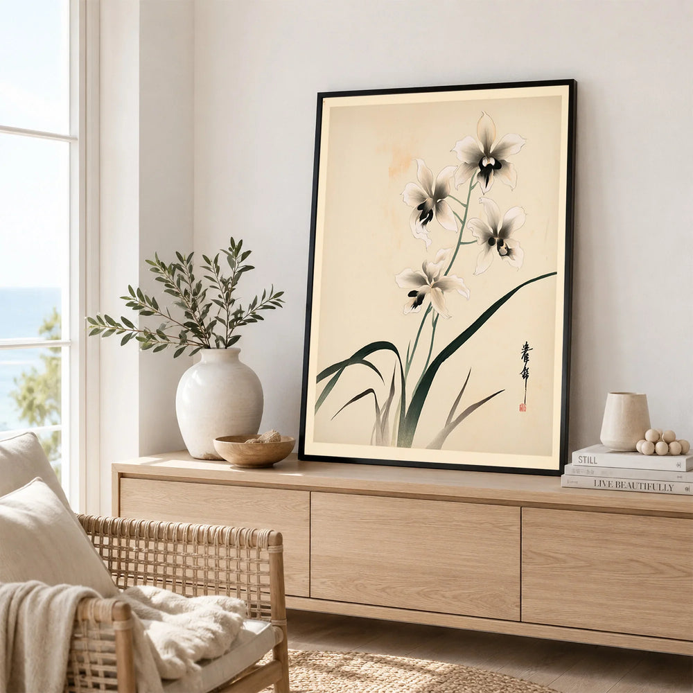 Japanese Orchid Art Print – Vintage Botanical Wall Art — framed artwork living room lifestyle setting