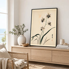 Japanese Orchid Art Print – Vintage Botanical Wall Art — framed artwork living room lifestyle setting