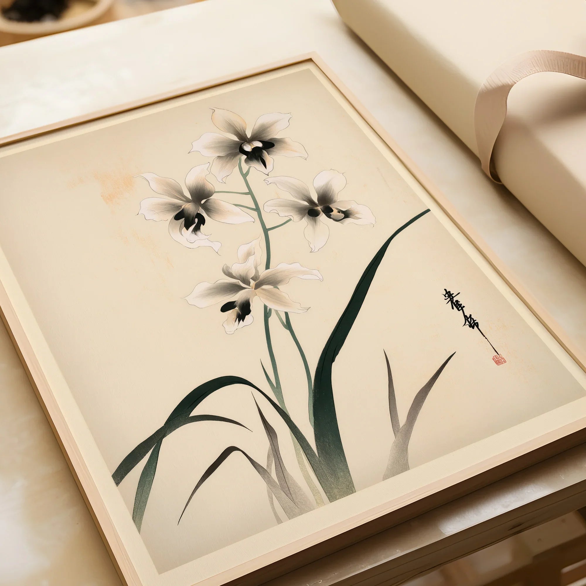 Japanese Orchid Art Print – Vintage Botanical Wall Art — framed art print closeup gift unwrapped natural frame
