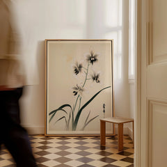 Japanese Orchid Art Print – Vintage Botanical Wall Art — framed canvas on floor man walking past