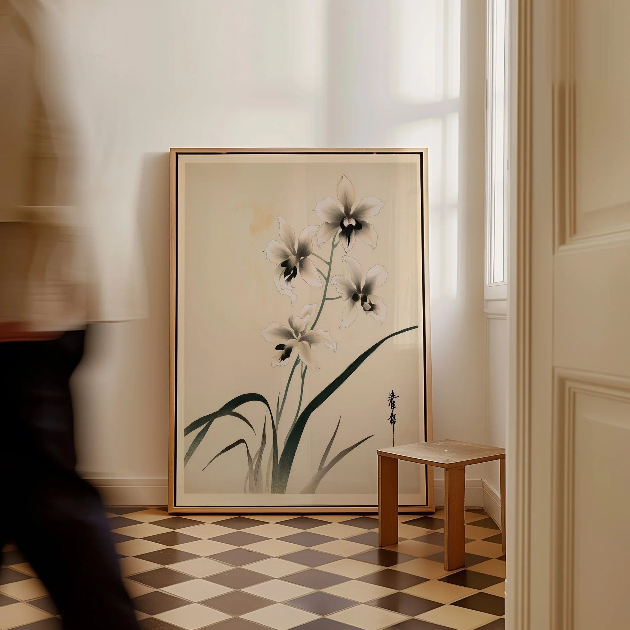 Japanese Orchid Art Print – Vintage Botanical Wall Art — framed canvas on floor man walking past