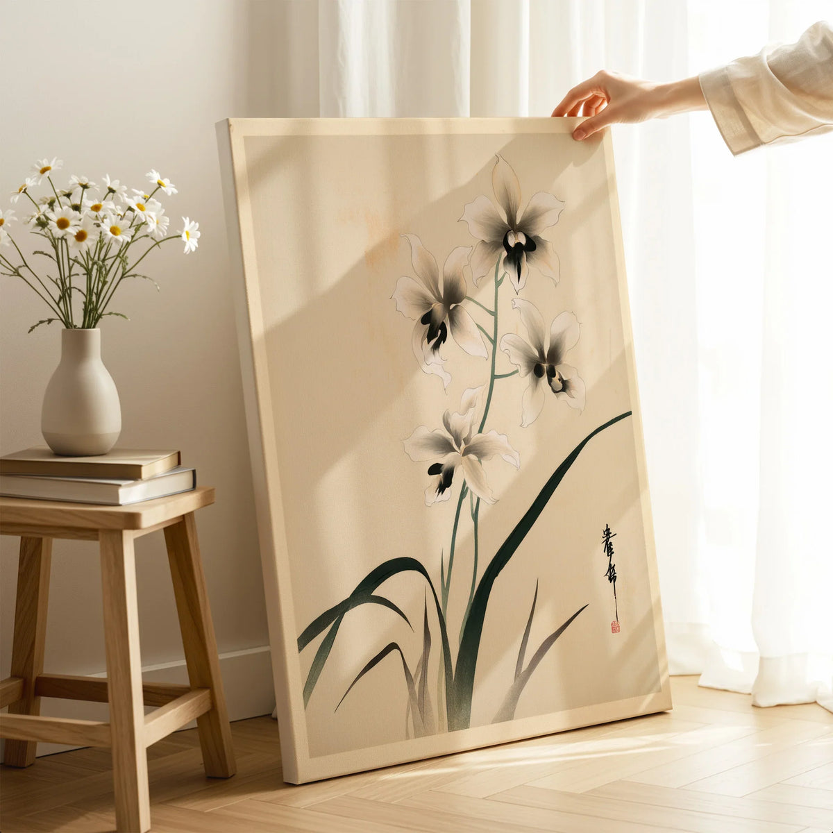 Japanese Orchid Art Print – Vintage Botanical Wall Art — canvas print mirror edge hand holding room setting