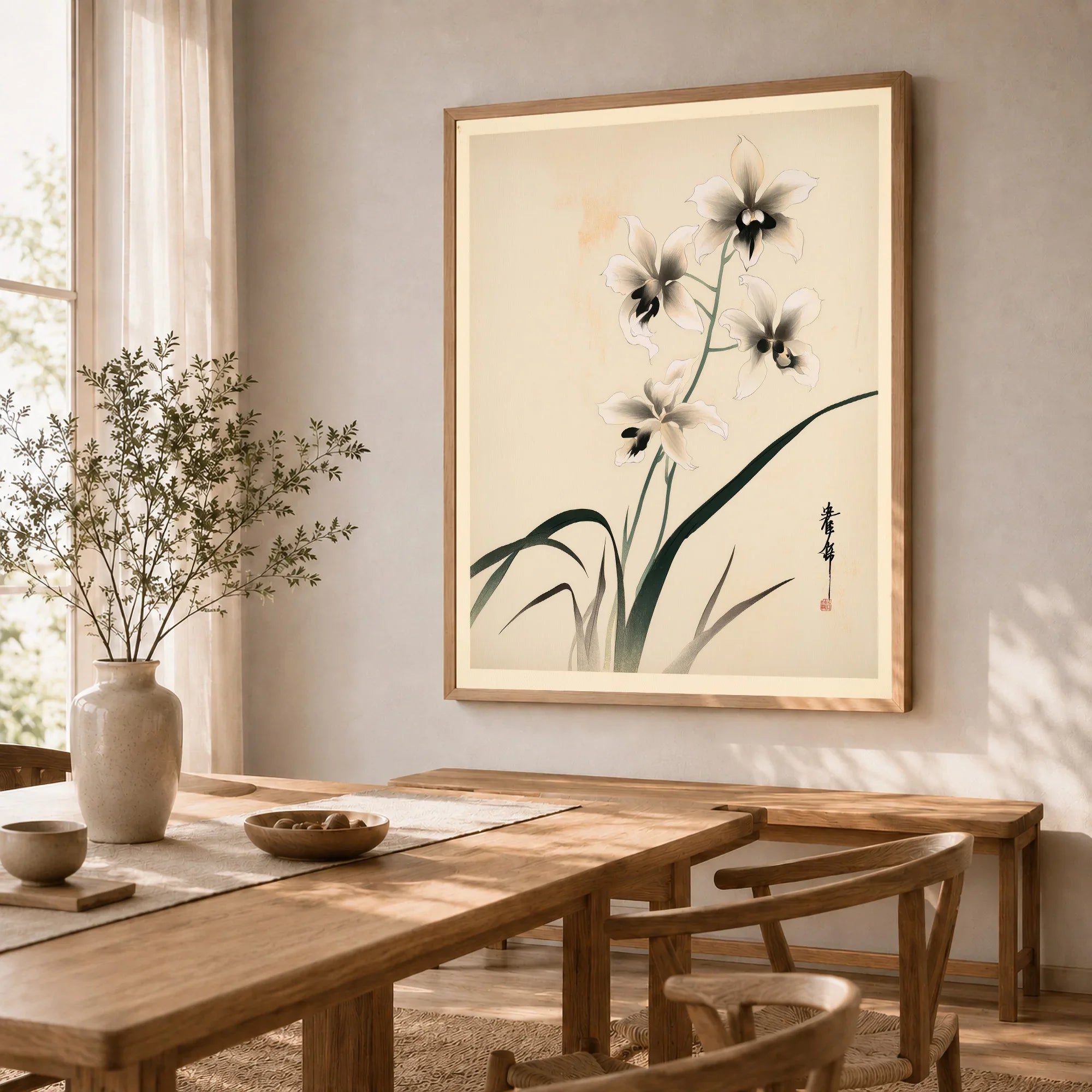 Japanese Orchid Art Print – Vintage Botanical Wall Art — dining room framed print natural wood frame