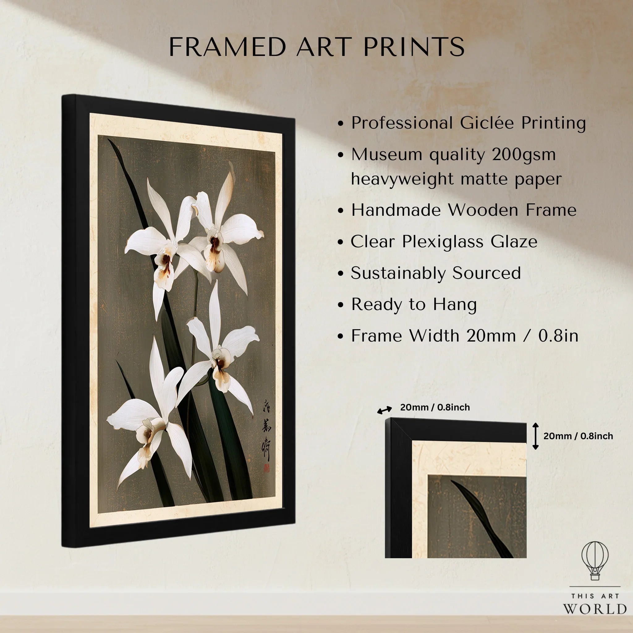 White Orchid Art Print – Vintage Japanese Botanical Wall Art — framed print details measurements quality details