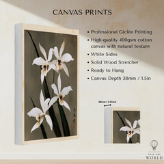 White Orchid Art Print – Vintage Japanese Botanical Wall Art — canvas print stretched cotton canvas details