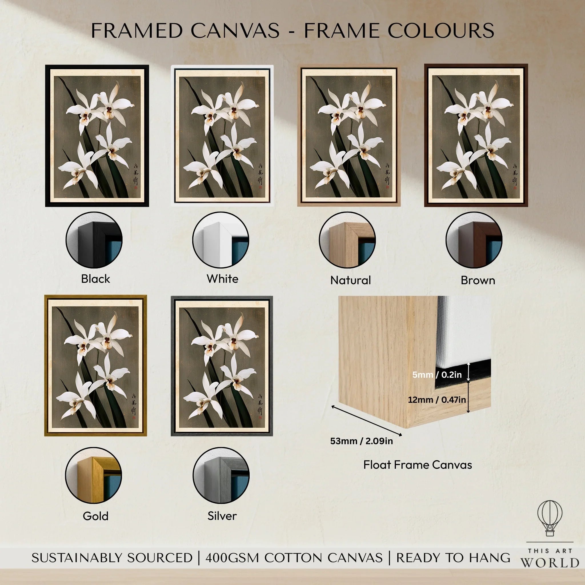 White Orchid Art Print – Vintage Japanese Botanical Wall Art — framed canvas float frame colour options