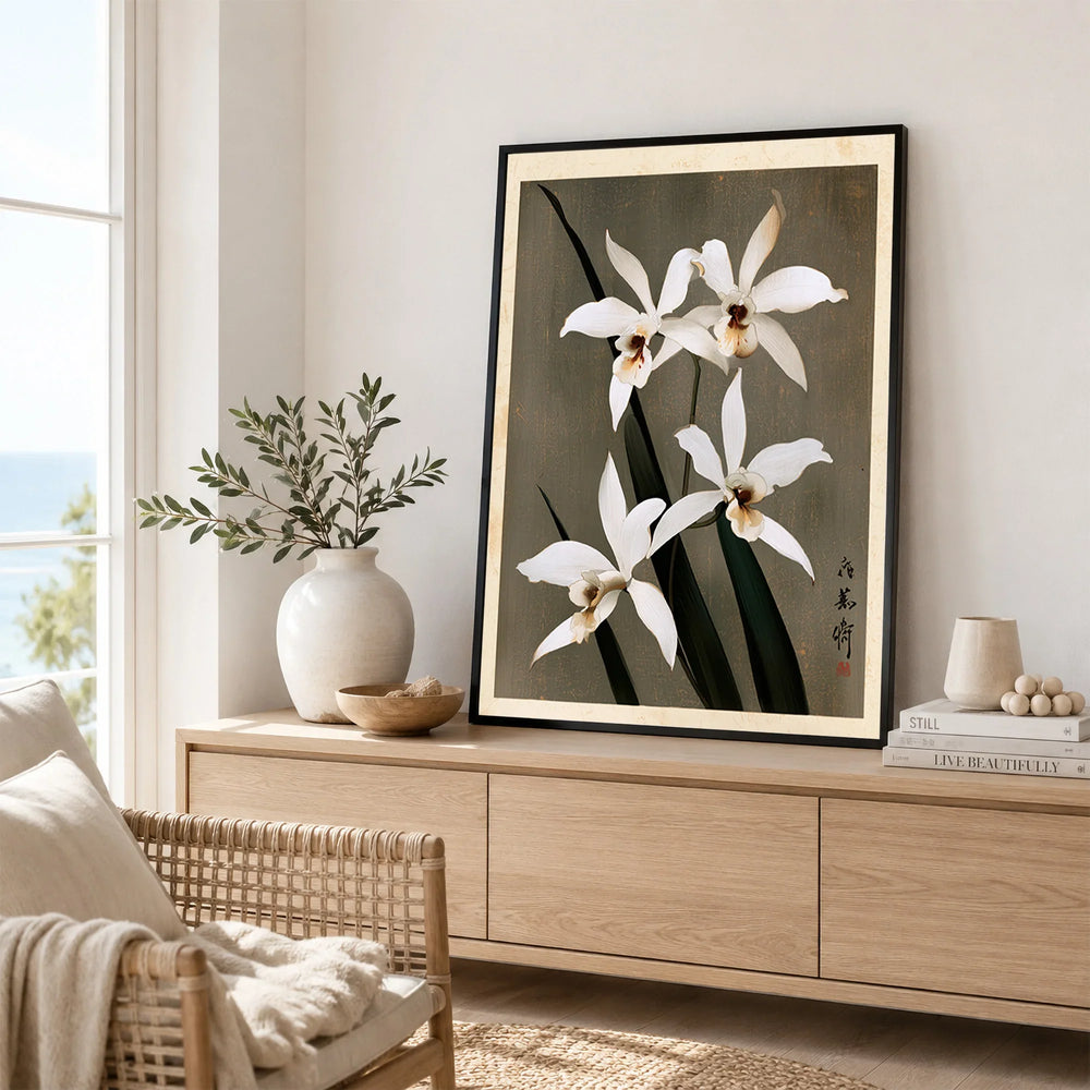White Orchid Art Print – Vintage Japanese Botanical Wall Art — framed artwork living room lifestyle setting