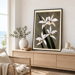 White Orchid Art Print – Vintage Japanese Botanical Wall Art — framed artwork living room lifestyle setting