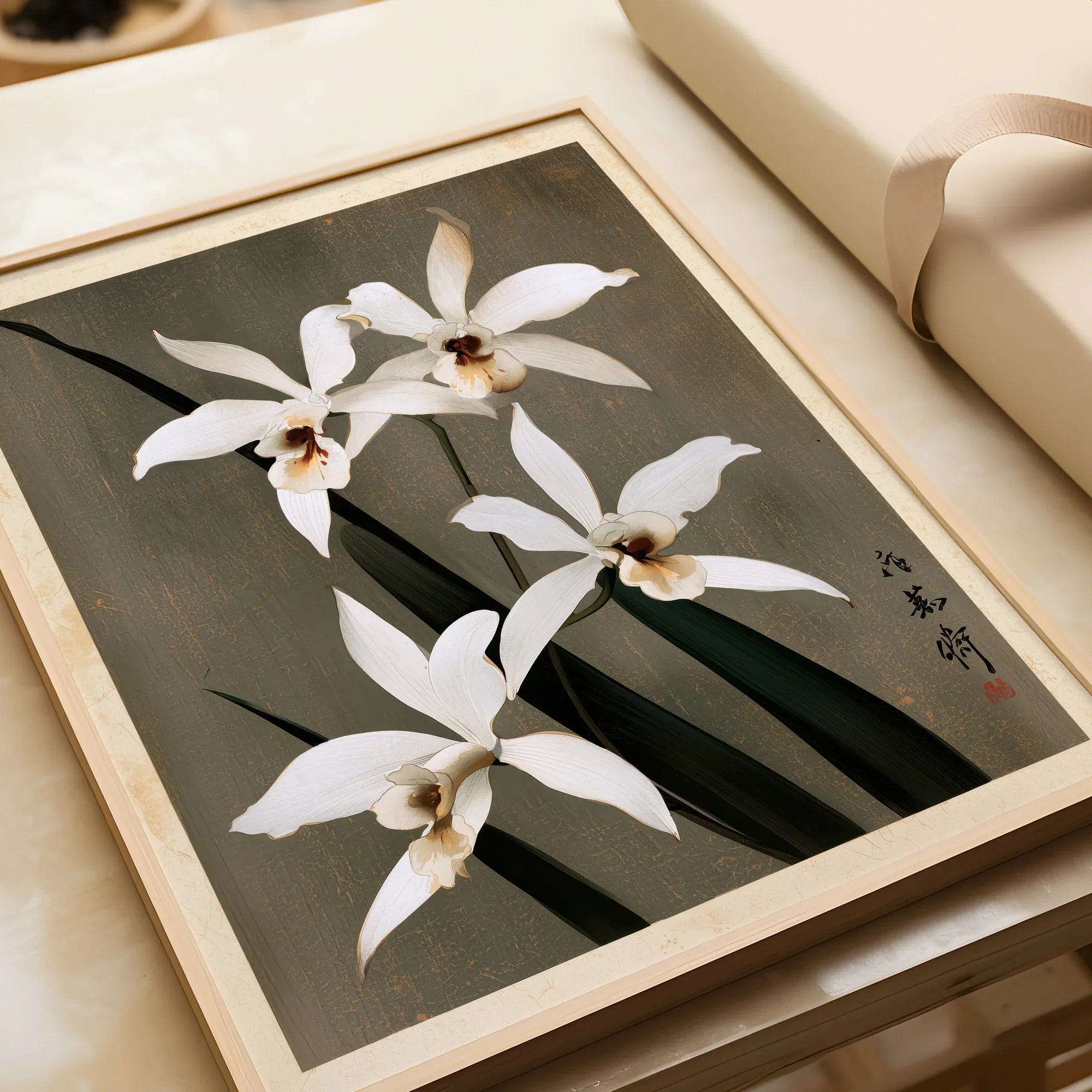 White Orchid Art Print – Vintage Japanese Botanical Wall Art — framed art print closeup gift unwrapped natural frame