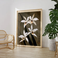 White Orchid Art Print – Vintage Japanese Botanical Wall Art — large framed print room setting chair plant