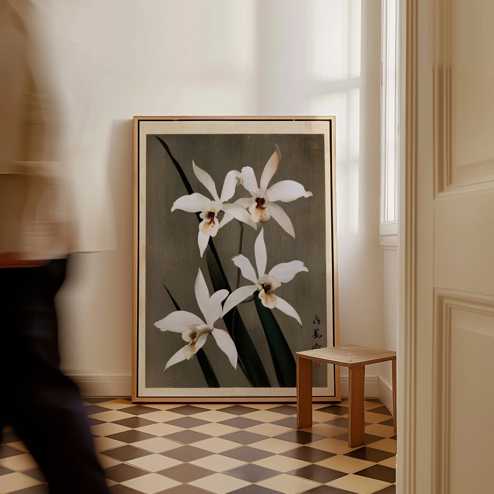 White Orchid Art Print – Vintage Japanese Botanical Wall Art — framed canvas on floor man walking past