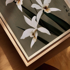 White Orchid Art Print – Vintage Japanese Botanical Wall Art — closeup framed canvas natural wood floating frame