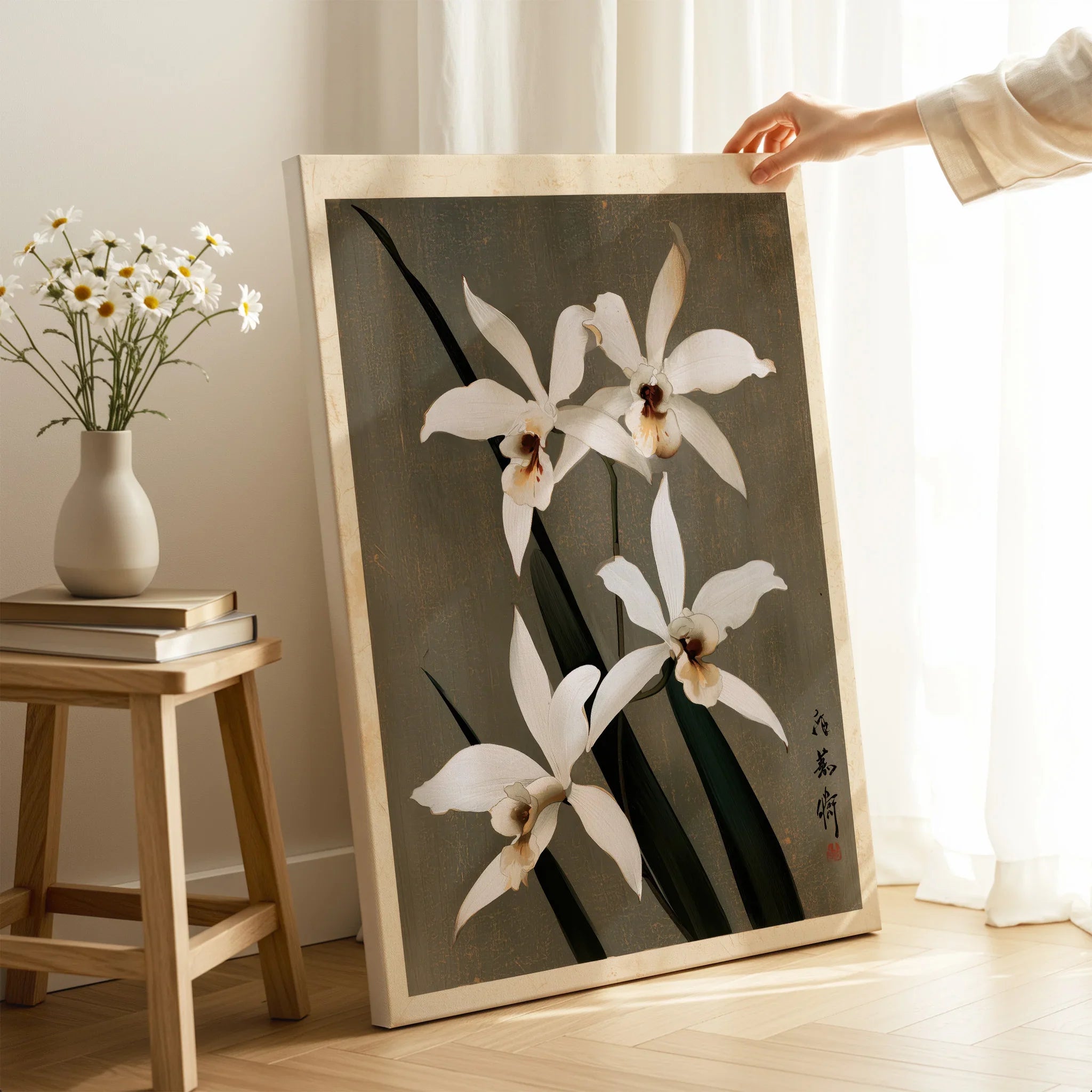 White Orchid Art Print – Vintage Japanese Botanical Wall Art — canvas print mirror edge hand holding room setting