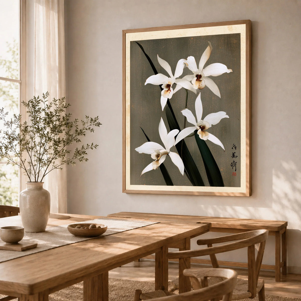 White Orchid Art Print – Vintage Japanese Botanical Wall Art — dining room framed print natural wood frame
