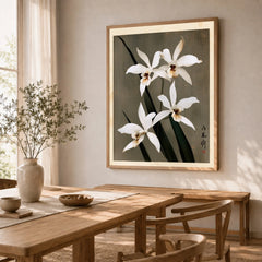 White Orchid Art Print – Vintage Japanese Botanical Wall Art — dining room framed print natural wood frame
