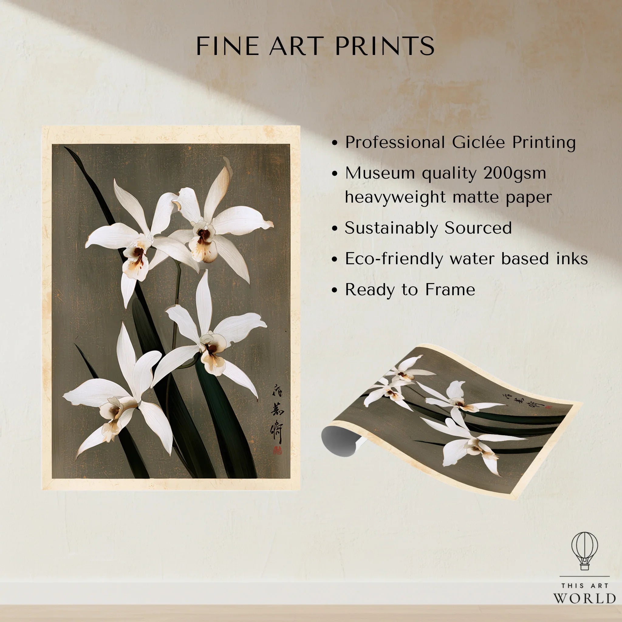 White Orchid Art Print – Vintage Japanese Botanical Wall Art — fine art print unframed quality details