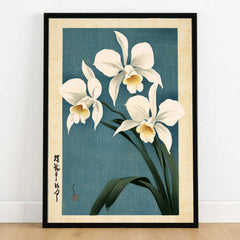 Japanese Orchid Wall Art – Blue Vintage Botanical Print — art print in black frame on wooden floor