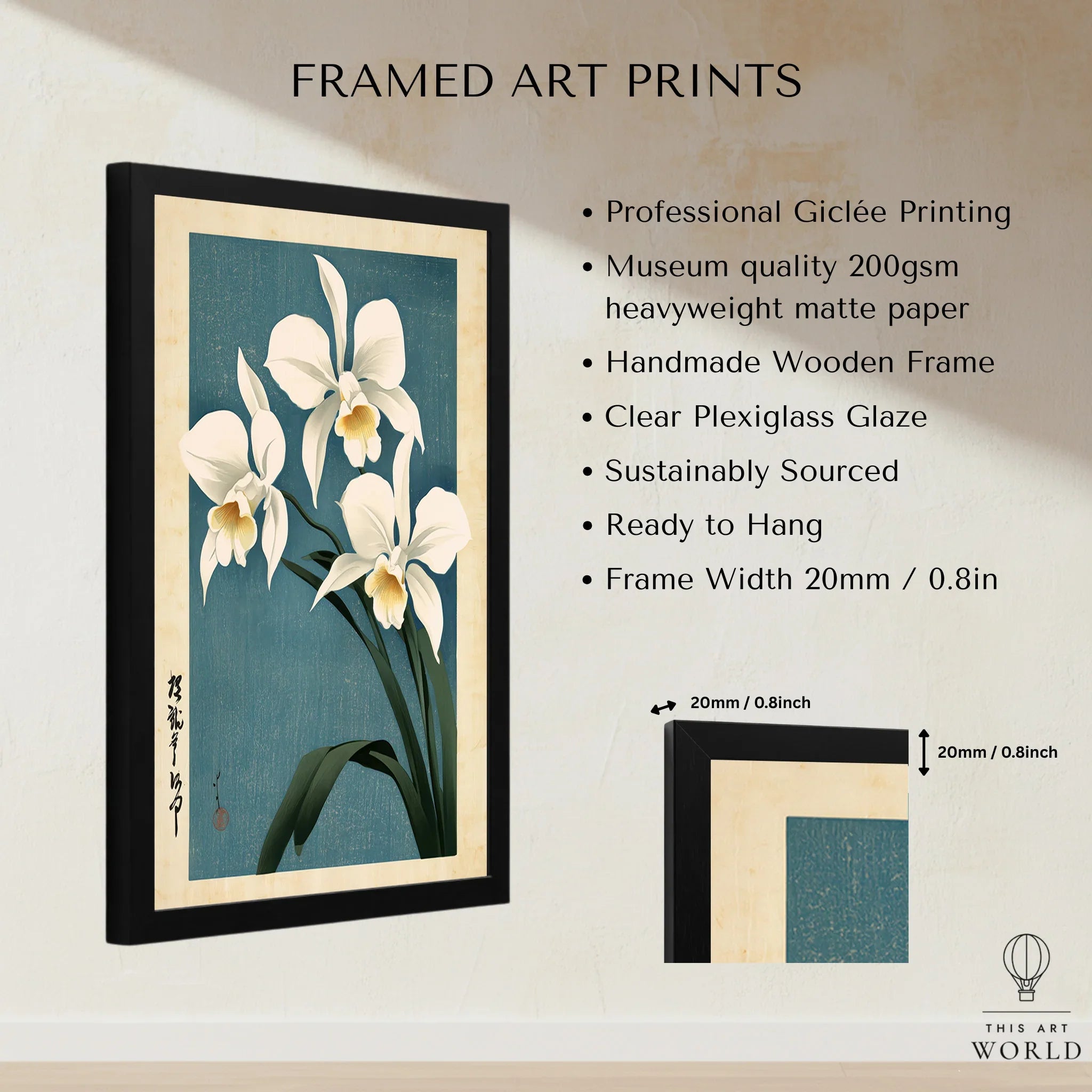 Japanese Orchid Wall Art – Blue Vintage Botanical Print — framed print details measurements quality details