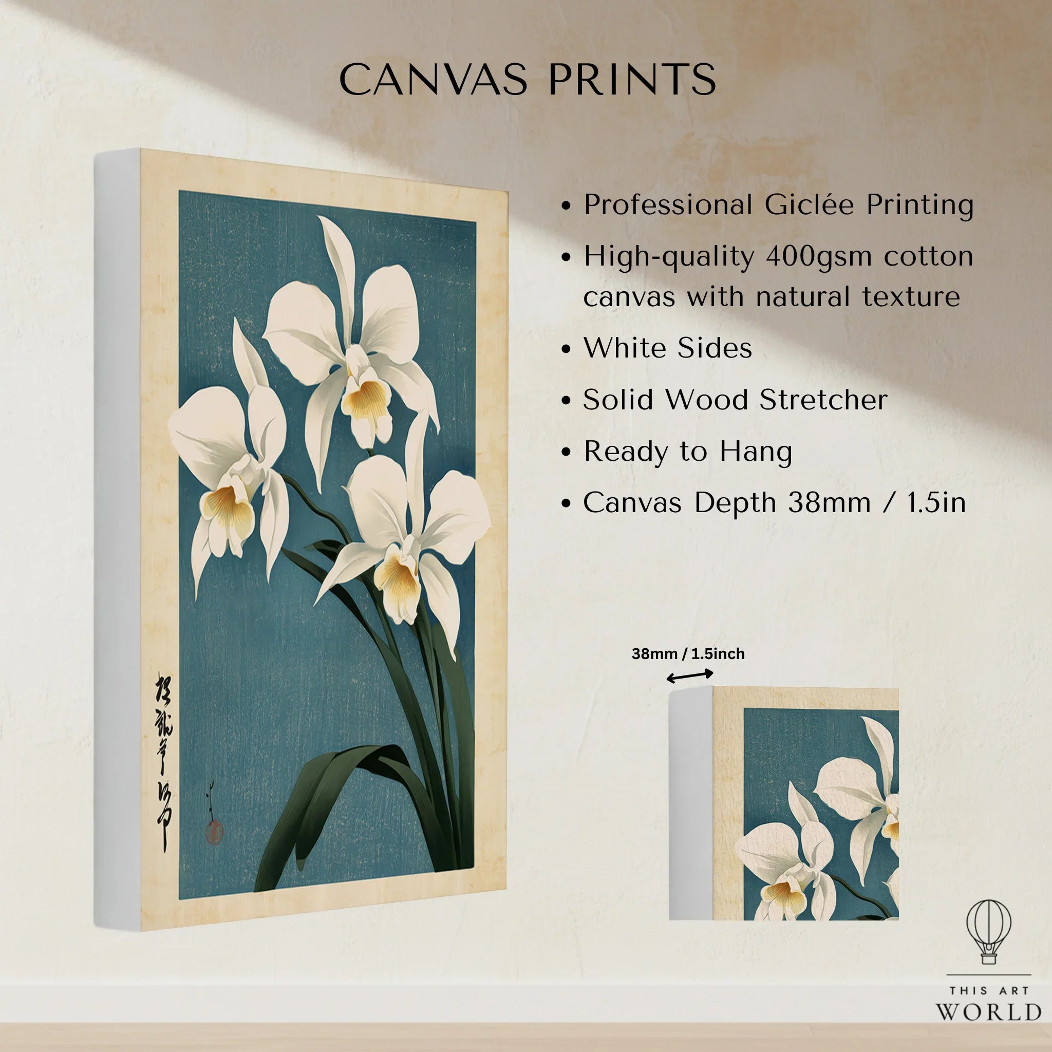 Japanese Orchid Wall Art – Blue Vintage Botanical Print — canvas print stretched cotton canvas details