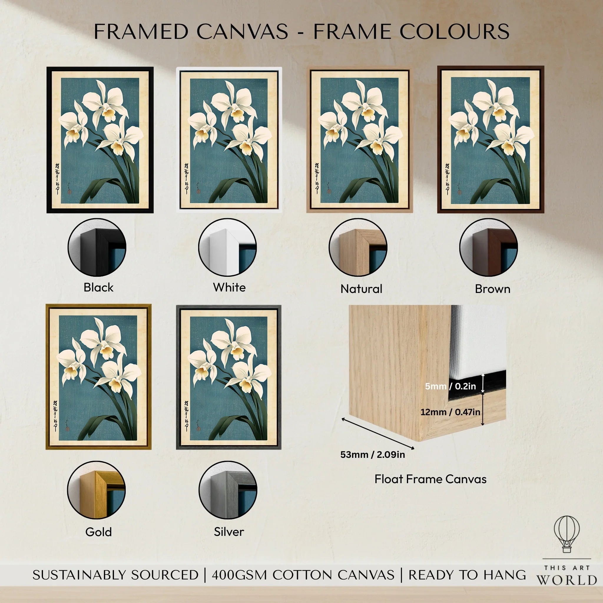 Japanese Orchid Wall Art – Blue Vintage Botanical Print — framed canvas float frame colour options