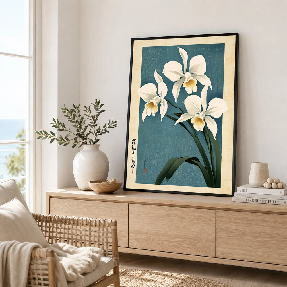 Japanese Orchid Wall Art – Blue Vintage Botanical Print — framed artwork living room lifestyle setting