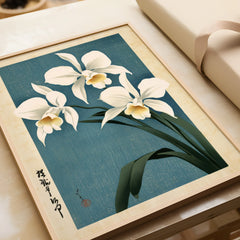 Japanese Orchid Wall Art – Blue Vintage Botanical Print — framed art print closeup gift unwrapped natural frame
