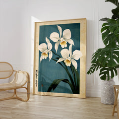 Japanese Orchid Wall Art – Blue Vintage Botanical Print — large framed print room setting chair plant