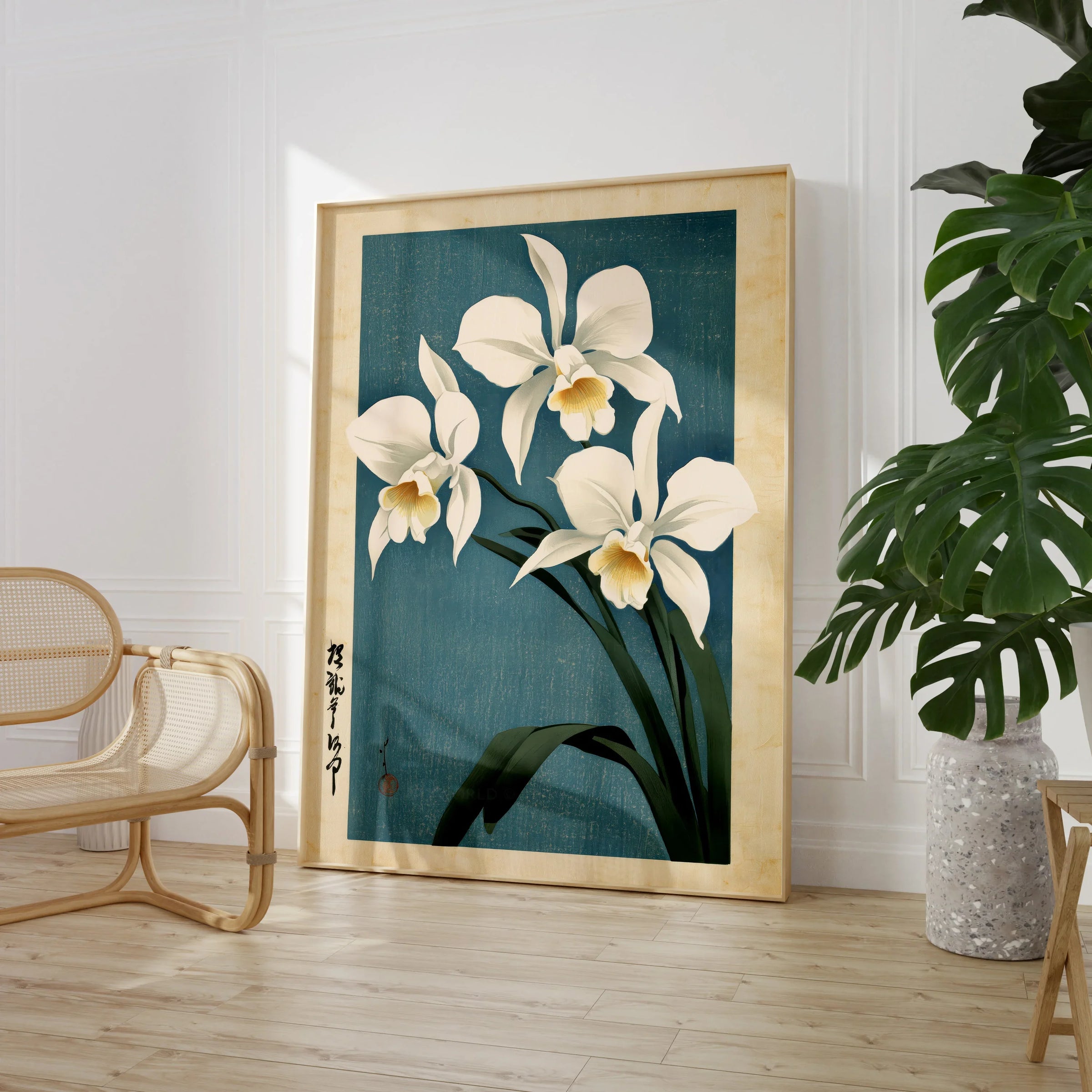 Japanese Orchid Wall Art – Blue Vintage Botanical Print — large framed print room setting chair plant