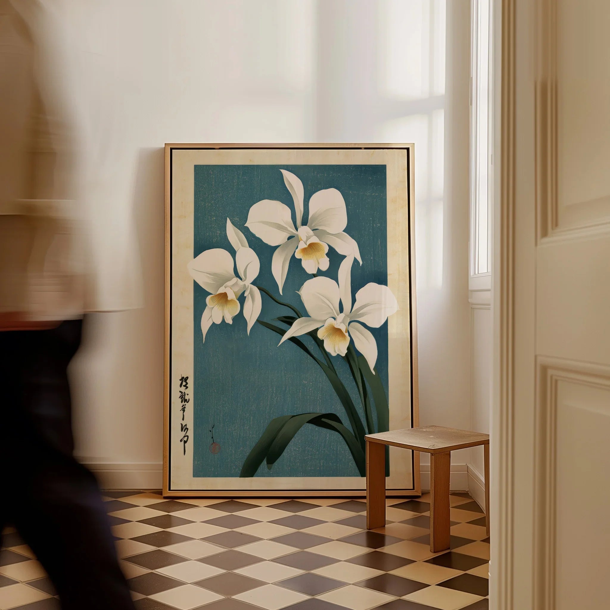 Japanese Orchid Wall Art – Blue Vintage Botanical Print — framed canvas on floor man walking past