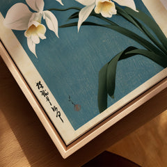 Japanese Orchid Wall Art – Blue Vintage Botanical Print — closeup framed canvas natural wood floating frame