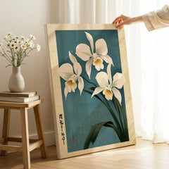 Japanese Orchid Wall Art – Blue Vintage Botanical Print — canvas print mirror edge hand holding room setting