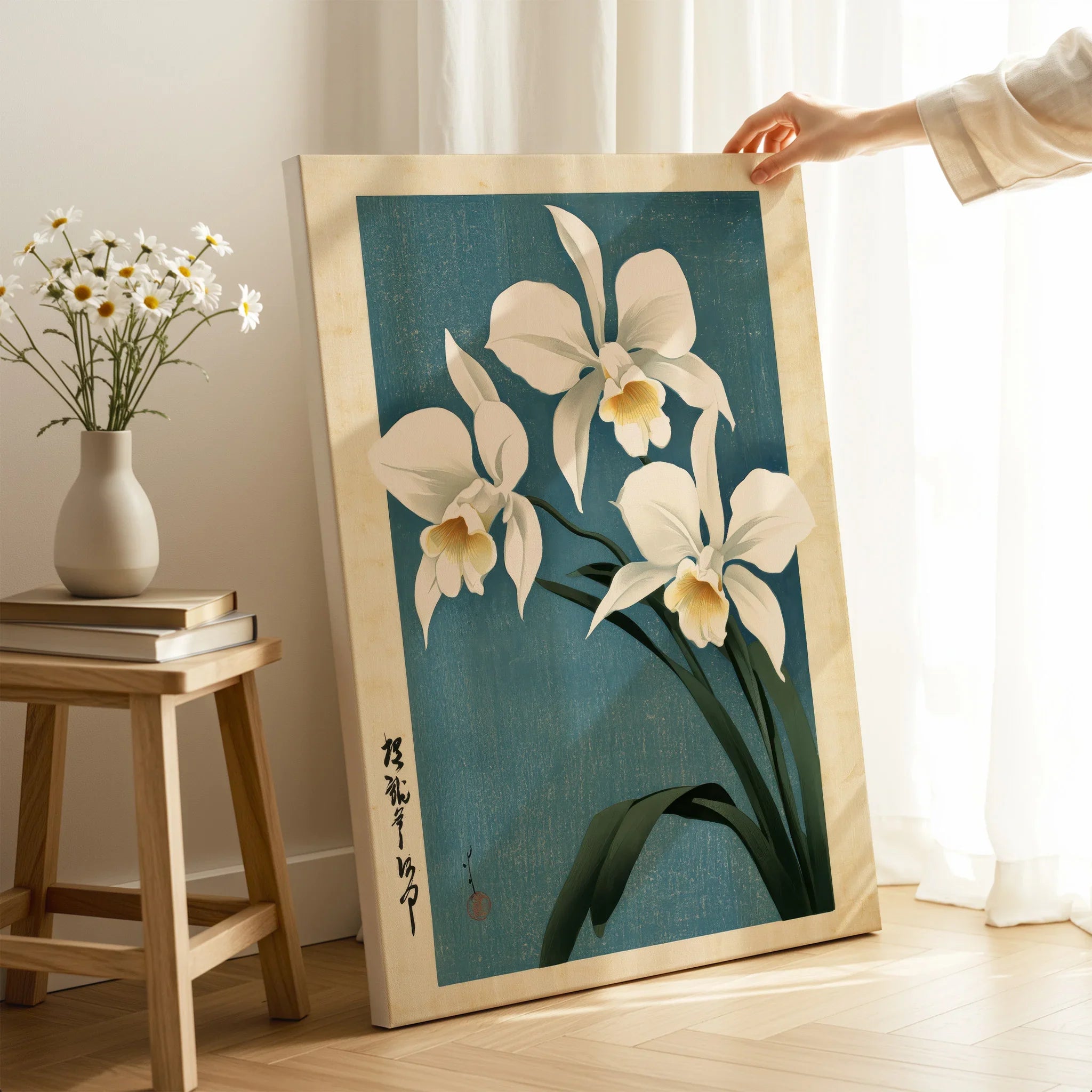 Japanese Orchid Wall Art – Blue Vintage Botanical Print — canvas print mirror edge hand holding room setting