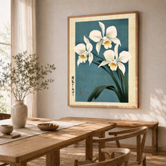 Japanese Orchid Wall Art – Blue Vintage Botanical Print — dining room framed print natural wood frame