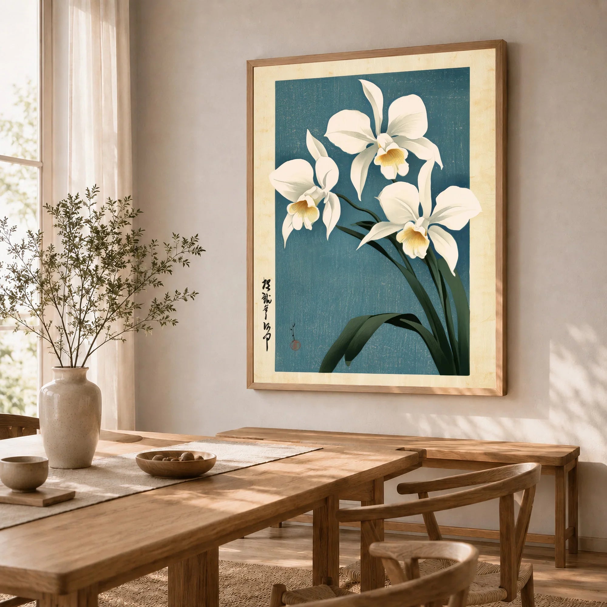 Japanese Orchid Wall Art – Blue Vintage Botanical Print — dining room framed print natural wood frame