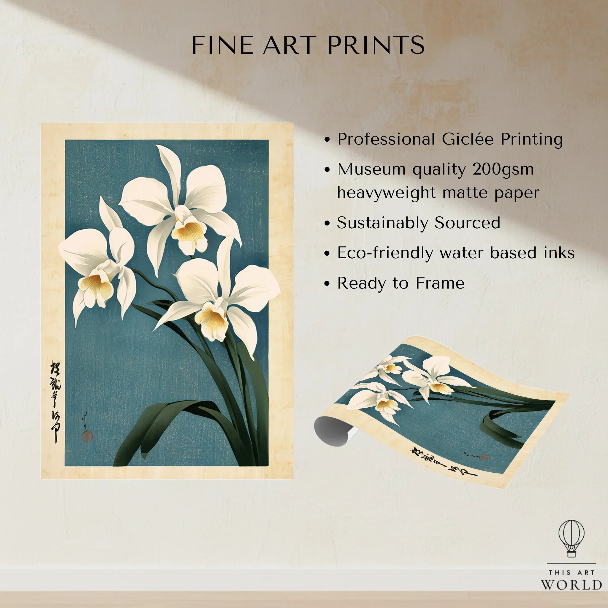 Japanese Orchid Wall Art – Blue Vintage Botanical Print — fine art print unframed quality details