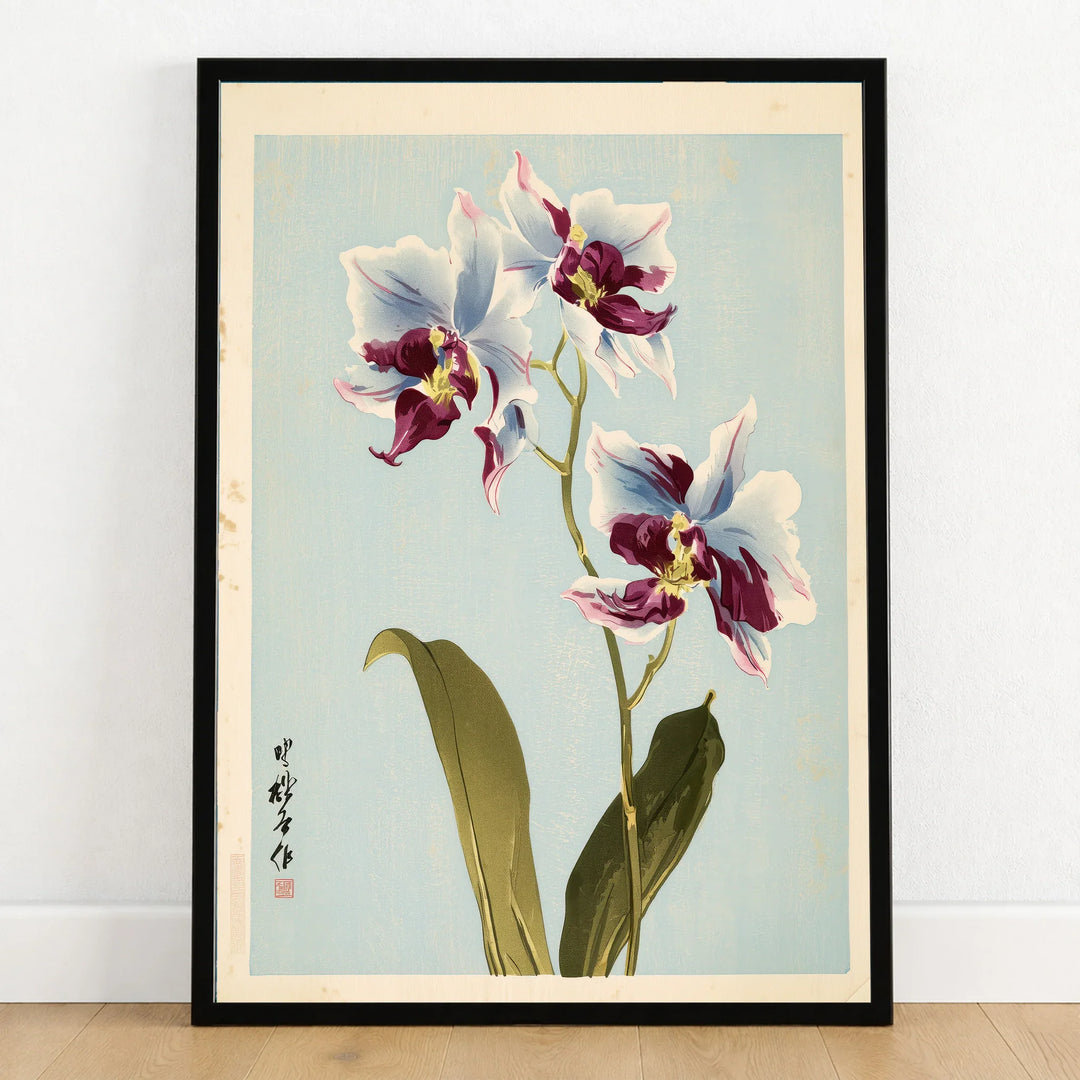 Purple Orchid Art Print – Vintage Japanese Floral Wall Art — art print in black frame on wooden floor