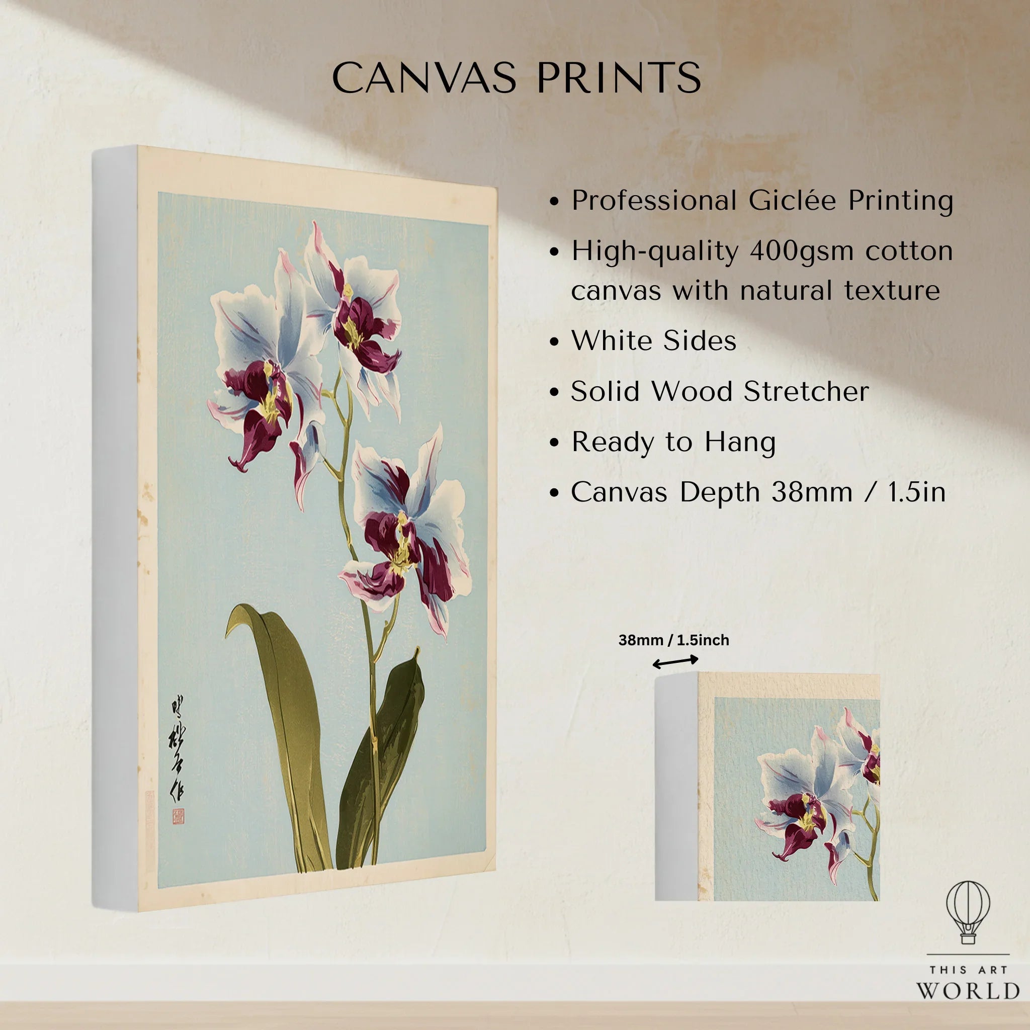 Purple Orchid Art Print – Vintage Japanese Floral Wall Art — canvas print stretched cotton canvas details