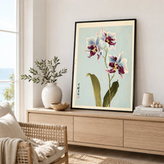 Purple Orchid Art Print – Vintage Japanese Floral Wall Art — framed artwork living room lifestyle setting