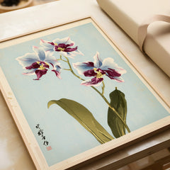 Purple Orchid Art Print – Vintage Japanese Floral Wall Art — framed art print closeup gift unwrapped natural frame