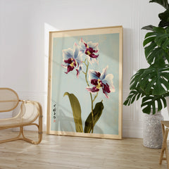 Purple Orchid Art Print – Vintage Japanese Floral Wall Art — large framed print room setting chair plant