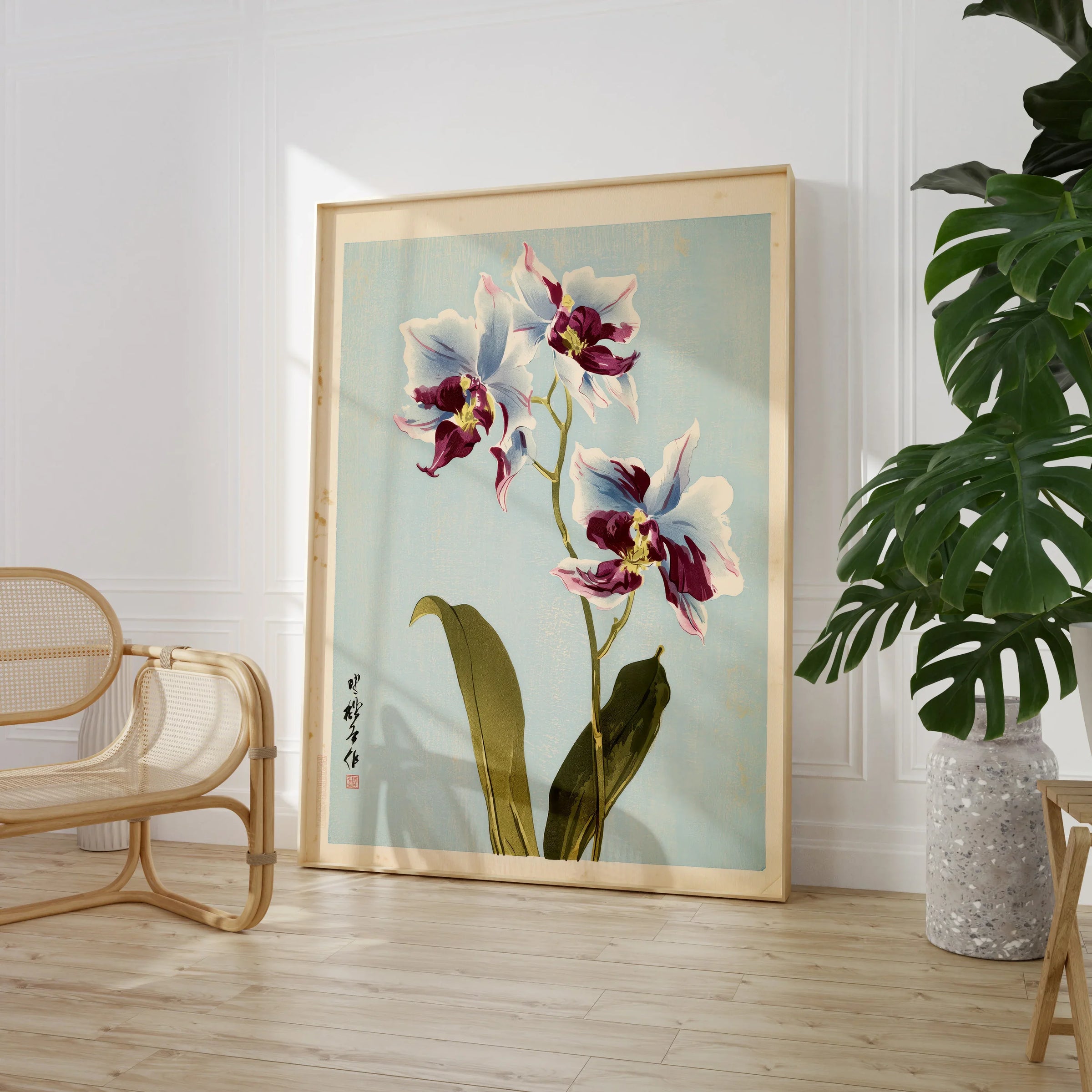 Purple Orchid Art Print – Vintage Japanese Floral Wall Art — large framed print room setting chair plant