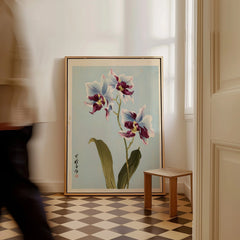 Purple Orchid Art Print – Vintage Japanese Floral Wall Art — framed canvas on floor man walking past