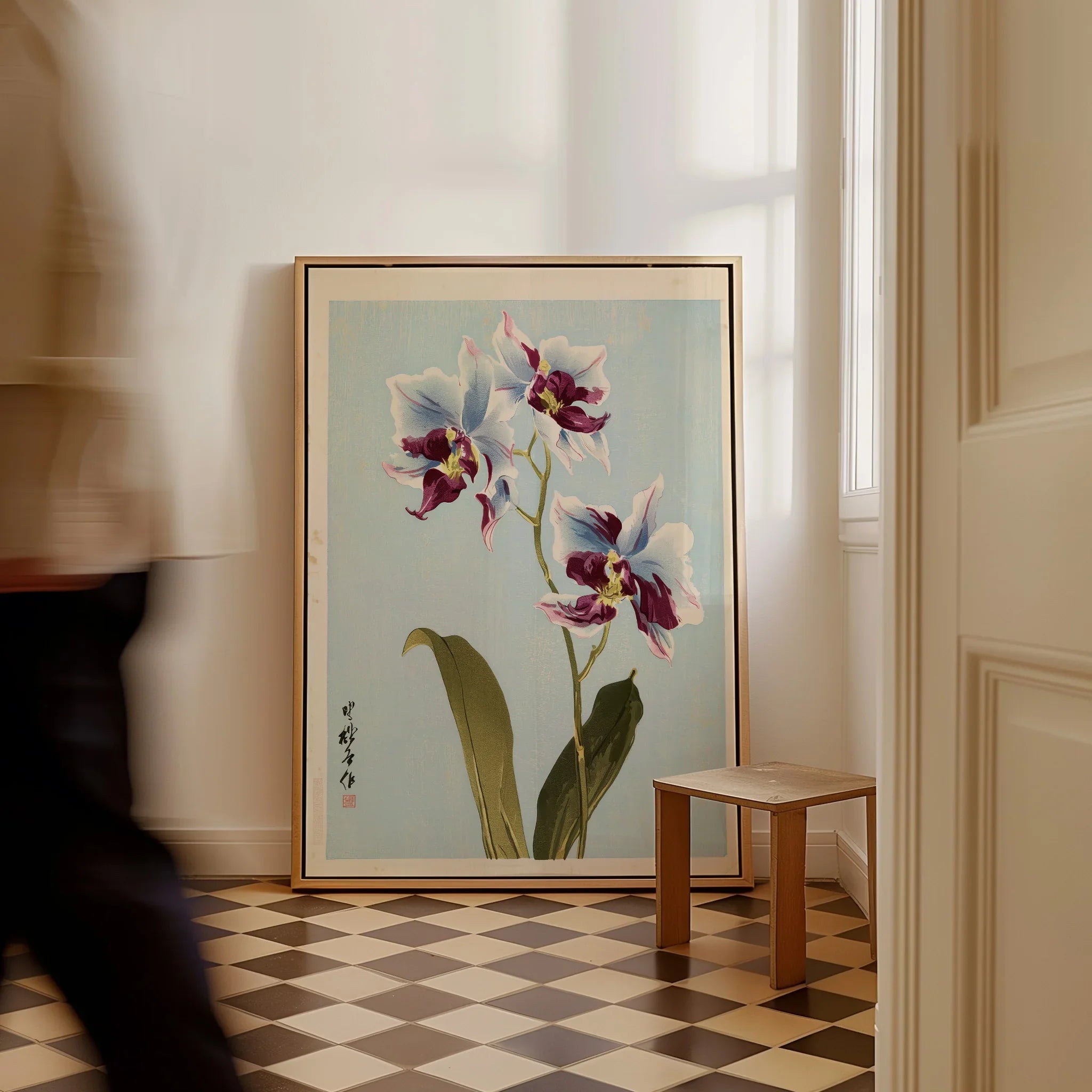 Purple Orchid Art Print – Vintage Japanese Floral Wall Art — framed canvas on floor man walking past