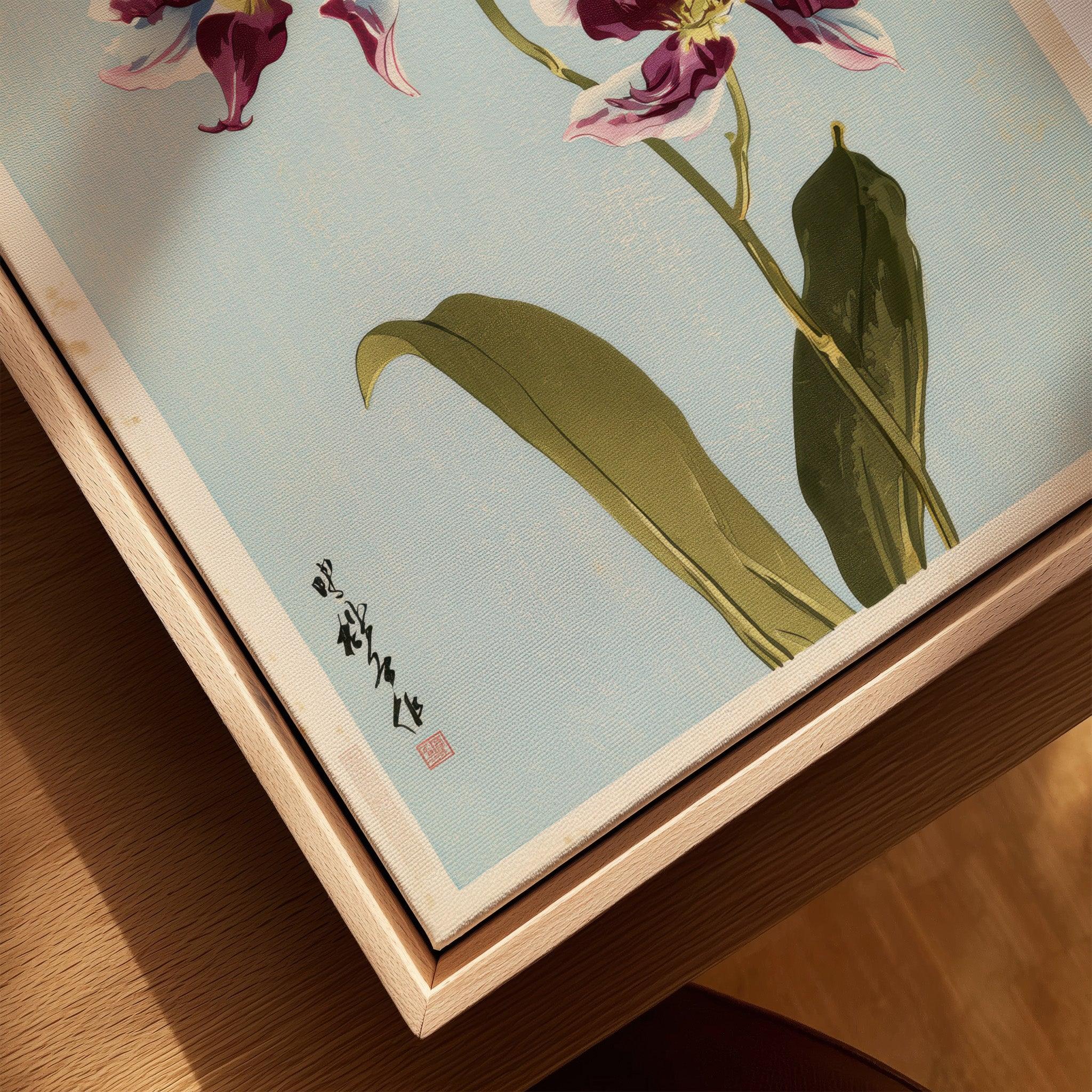 Purple Orchid Art Print – Vintage Japanese Floral Wall Art — closeup framed canvas natural wood floating frame