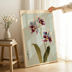 Purple Orchid Art Print – Vintage Japanese Floral Wall Art — canvas print mirror edge hand holding room setting