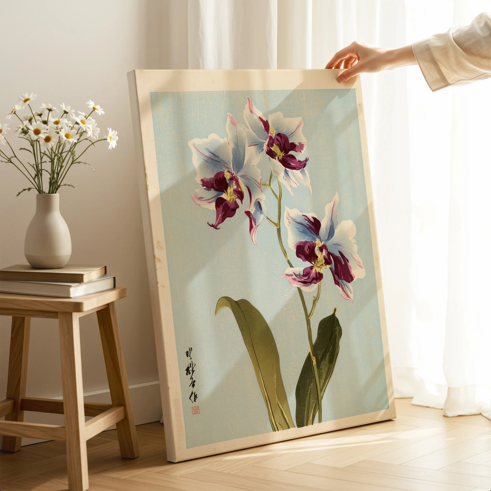 Purple Orchid Art Print – Vintage Japanese Floral Wall Art — canvas print mirror edge hand holding room setting