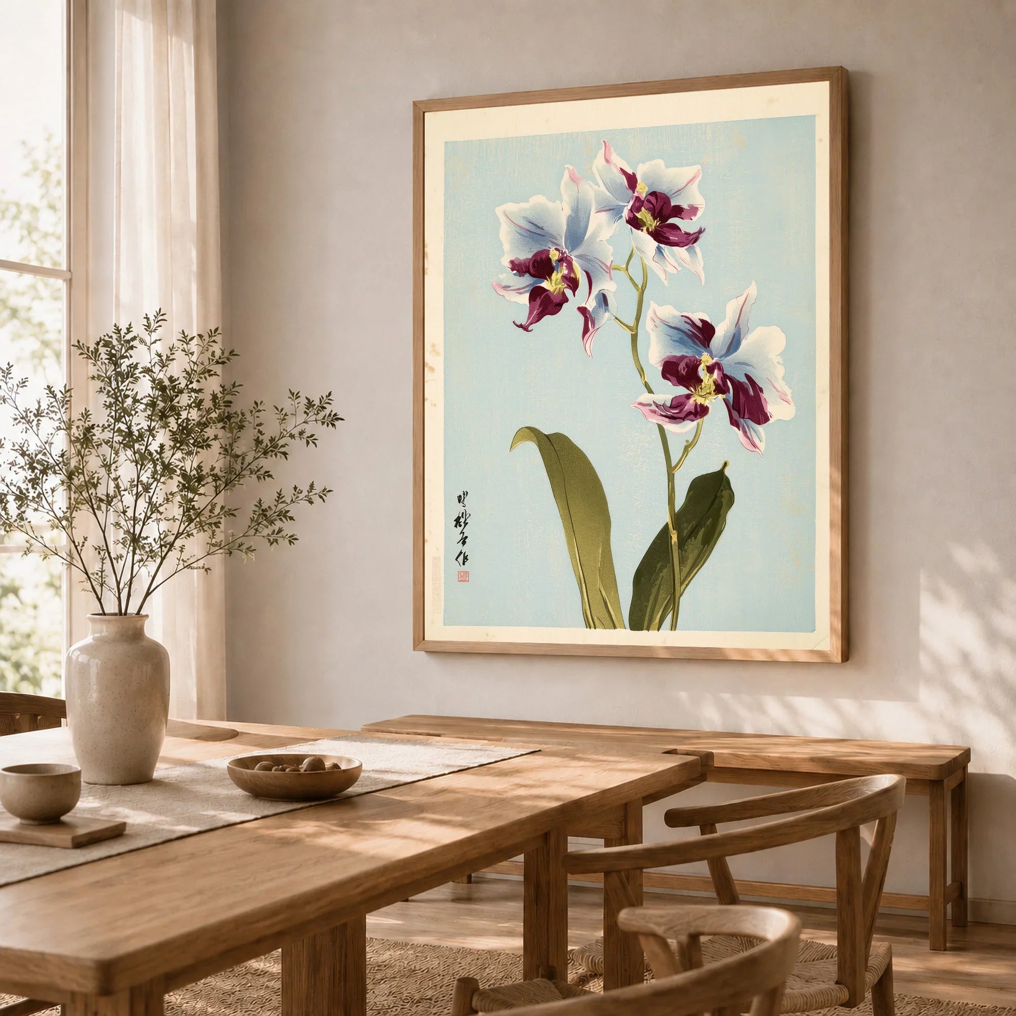 Purple Orchid Art Print – Vintage Japanese Floral Wall Art — dining room framed print natural wood frame